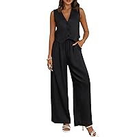 AUTOMET Womens 2 Piece Outfits Linen Lounge Pants Matching Two Piece Sets Sleeveless V Neck Tops with Buttons 2024 Trendy