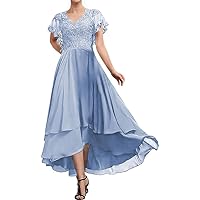 Lace Mother of The Bride Dresses Tea Length Wedding Guest Dress Ruffles V Neck Mother of The Bride Dress Chiffon
