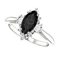 1 CT Halo Black Marquise Ring 14k White Gold, Halo Marquise & Baguette Black Onyx Ring, Unique Marquise Black Diamond Engagement Ring, Wedding Ring For Her