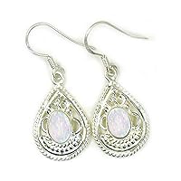 Created Opal 925 Sterling Silver White Color Dangle Earring Oval Shape Teardrop Bezel Style Earrings For Women & Girls