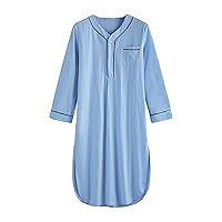 Men's Cotton Nightshirt V Neck Long Sleeve Button Down Nightgown Summer Mid-Length Henley Sleepwear Sleepshirt