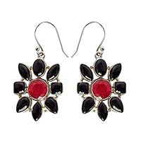 Black Onyx Ruby Gemstone 925 Sterling Silver Earrings Marvelous Handmade Jewellery Gift For Her
