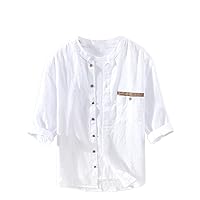 Linen Short Sleeve Shirt for Men, Retro Style with Long Sleeves, Size Large, Loose Casual Mandarin Collar for Summer