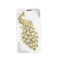 Crystal Wallet Phone Case Compatible with Samsung Galaxy S22 Ultra - Peacock - White - 3D Handmade Sparkly Glitter Bling Leather Cover with Screen Protector & Beaded Phone Lanyard