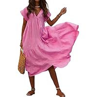 Women's Cotton Linen V Neck Tunic Dresses Summer Casual Loose Short Sleeve Flowy Swing Midi Dress Plus Size