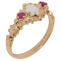 LBG 18k Rose Gold Natural Opal & Ruby Womens Trilogy Ring - Sizes 4 to 12 Available