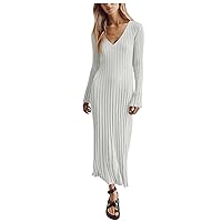 Women's Winter Ribbed Knit Sweater Maxi Dresses Long Sleeve Round Neck Casual Sweater Dresses Bodycon Midi Dresses