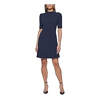 DKNY Womens Navy Zippered Gathered Logo Button Detail Pleated Short Sleeve Mock Neck Above The Knee Wear to Work Sheath Dress 2