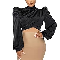 2024 Women's Spring Fall Sexy Satin High Neck Puff Long Sleeve Crop Top Fashion Solid Ruched Shirt Dressy Blouse