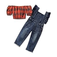 Little Baby Girl Outfit Beautiful Checks Tank Top and Suspender Denim Pant clothing Set 1T-5T