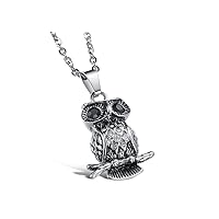 Vintage Stainless Steel Black Eyes Owl Tree Branch Pendant Necklace for Men Women, 24 Inches