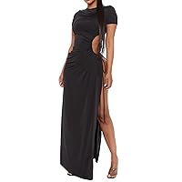 Summer Dresses for Women 2024 Vacation Plus Size, Women Fashion Hollow Dress Solid Sexy Round Neck Split Strap