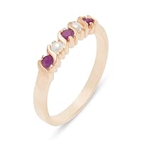 Solid 750 18k Rose Gold Real Genuine Ruby & Cultured Pearl Womens Eternity Band Ring