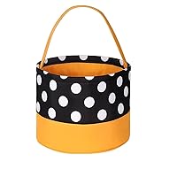 Halloween Trick or Treat Bags - Kids Candy Bucket Tote Bag - Black with White Polka Dots - Orange Basket 6.75 x 9 inches