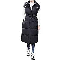 Women's Long Puffer Vest Warm Hooded Sleeveless Zip Up Stand Collar Padded Puffy Gilet with Pockets Baggy Waistcoat