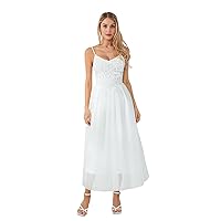 Women's V Neck A-Line Spaghetti Straps Glitter Maxi Tulle Patchwork Bridesmaid Dress Lace Ball Gown