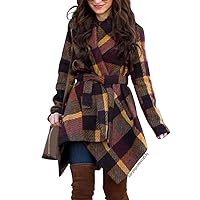 CHICWISH Women's Turn Down Shawl Collar Earth Tone Check Asymmetric Hemline Wool Blend Coat