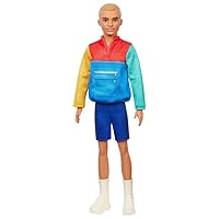 Barbie Ken Fashionistas Doll #163, Slender with Sculpted Blonde Hair Wearing Color-Blocked Jacket-Style Top, Blue Shorts & White Boots, Toy for Kids 3 to 8 Years Old