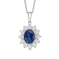 Oval Cut Created Blue Sapphire & 0.25 CT Diamond Halo Pendant Necklace 14K White Gold Over