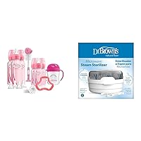 Dr. Brown's Anti-Colic Pink Baby Bottle Gift Set with 3 8oz & 3 4oz Bottles, Nipples, Cup, Teether, Brush & Microwave Steam Sterilizer for Bottles & Parts