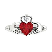Clara Pucci 1.52ct Heart Cut Irish Celtic Claddagh Solitaire Simulated Red Ruby designer Modern Statement Ring Solid 14k White Gold