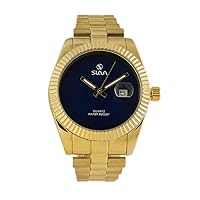 SL10294GBl Quartz Analog Waterproof Mens Wrist Watch Calendar Stainless-Steel Band Gold Plated