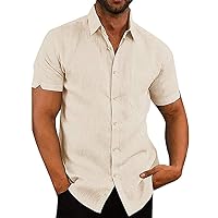 Men's Casual Summer Button Down Linen Shirts Short Sleeve Cotton Beach Tops with Pocket