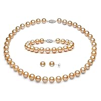 Stunning 7.5-8.5mm peach Freshwater Cultured Pearl Jewelry Set AA+ Quality with Sterling Silver Clasps Necklace 18