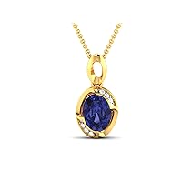 Oval Shape Lab Made Blue Sapphire 925 Sterling Silver Pendant Necklace with Cubic Zirconia Link Chain 18