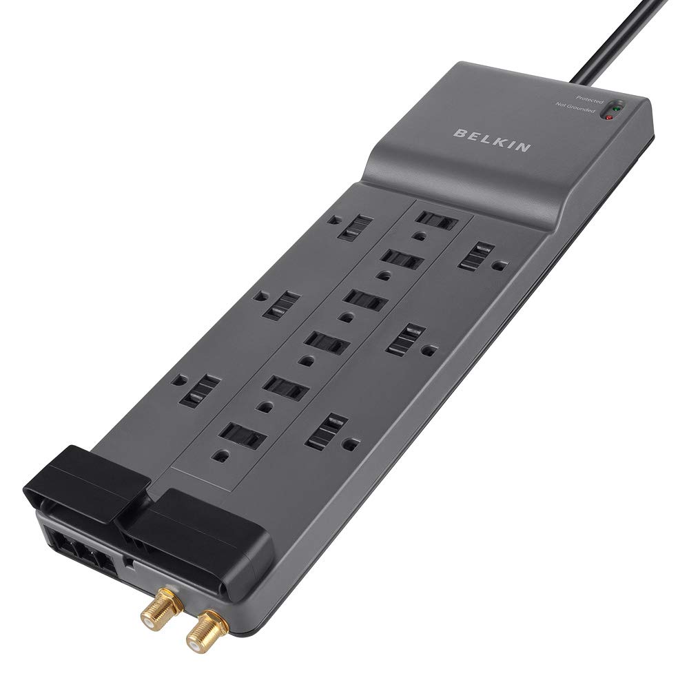 Belkin Power Strip Surge Protector - 12 AC Multiple Outlets & 8 ft Long Flat Plug Heavy Duty Extension Cord for Home, Office, Travel, Computer Desktop, Laptop & Phone Charging Brick (3,940 Joules)