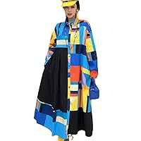 Spring Autumn Dress Loose Mid-Length Lattice Color Blocking Leisure Dress Women's