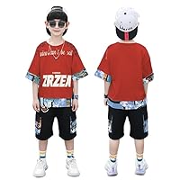 Children's Clothing Boys Summer Suits Big boy Boys Summer Handsome Short-Sleeved Trendy Clothes (Color : Red, Size : Large)
