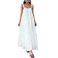 Women Floral Embroidery Maxi Dress Spaghetti Strap Square Neck Tank Long Dress Summer Ruffle Swing Vocation Dress