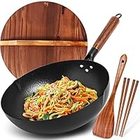 Carbon Steel Wok Pan, 5 Piece Authentic Chinese Wok & Stir-Fry Pans Set with Wooden Lid, No Chemical Coated Flat Bottom Chinese Woks Pan for All Stoves-13“