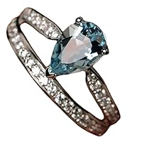 Solid 925 Sterling Silver & Natural Aquamarine 6x9mm Pear Shape Fine Step Cut March Birthstone Engagement Ring for Men & Women. (Choose Your Size) |LW_GSR_0449
