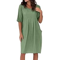 Summer Dresses for Women 2024, Trendy Short Sleeve Midi Dresses Crew Neck Pleated Ruched Tunic Dresses with Pockets