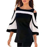 Women Blouses and Tops Black White Colorblock Bell Sleeve Cold Shoulder Top Shirt
