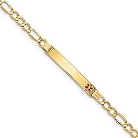 Saris and Things 14K Yellow Gold Medical Polished Red Enamel ID with Semi-Solid Figaro Bracelet