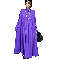 Women Long Sleeves Dress Loose Mid-Length Pocket Splicing High Waist Pleated Dress Summer Autumn