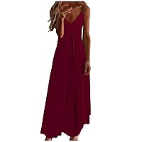 Womens Basic V Neck Tunic Cami Dress Summer Sleeveless Spaghetti Strap Fashion Elegant Flowy Maxi Sundresses