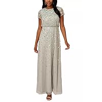 Adrianna Papell Crew Neck Cap Sleeve Blouson 3D Embellished Mesh Dress-FROSTED SAGE