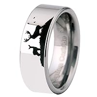 Deer Hunting with Buck Design Ring 8mm Silver Tone Tungsten Carbide Ring -Free Inside Engraving