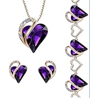 Leafael Infinity Love Crystal Heart Bundle Jewelry Set with Amethyst Dark Pink Pendant Necklace Healign Stone Crystal for Protection Gifts for Women Necklace Earrings Bracelet, 18K Rose Gold Plated