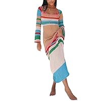 Knitted Women's Striped Long Sleeve Dresses Autumn Hollow Out Panelled Colorful Maxi Dress Ladies Party Dresses