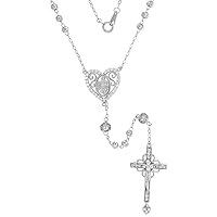 Sterling Silver Cubic Zirconia Rosary Necklace Heart Halo Miraculous Center 3mm Moon Cut Beads Rhodium Finished