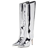 Arqa Metallic Leather Boots for Women Pointed Toe Stiletto High Heel Knee High Boots Dressy Summer Party Chrome Shoes