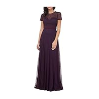 JS Collections Womens Purple Beaded Zippered Pleated Short Sleeve Crew Neck Full-Length Evening Fit + Flare Dress 8