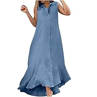 Cotton Linen Dresses for Women Button Down Sleeveless Hi-Low Shirt Dress Summer Casual Loose Swing Maxi Dress Sundress