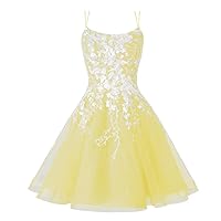 CWOAPO Sparkly Tulle Homecoming Dresses 2024 Spaghetti Straps Lace Appliques Scoop Neck A Line Short Cocktail Party Gown