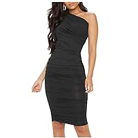 L'VOW Women's Sexy One Shoulder Ruched Sleeveless Bodycon Stretchy Midi Pencil Club Dress
